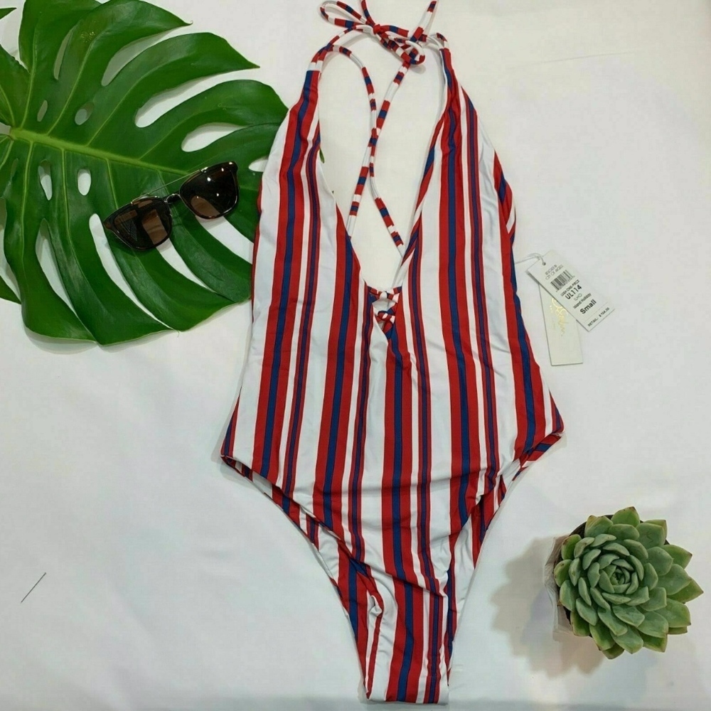 NWT B. Swim One Piece swimsuit Striped Deep V